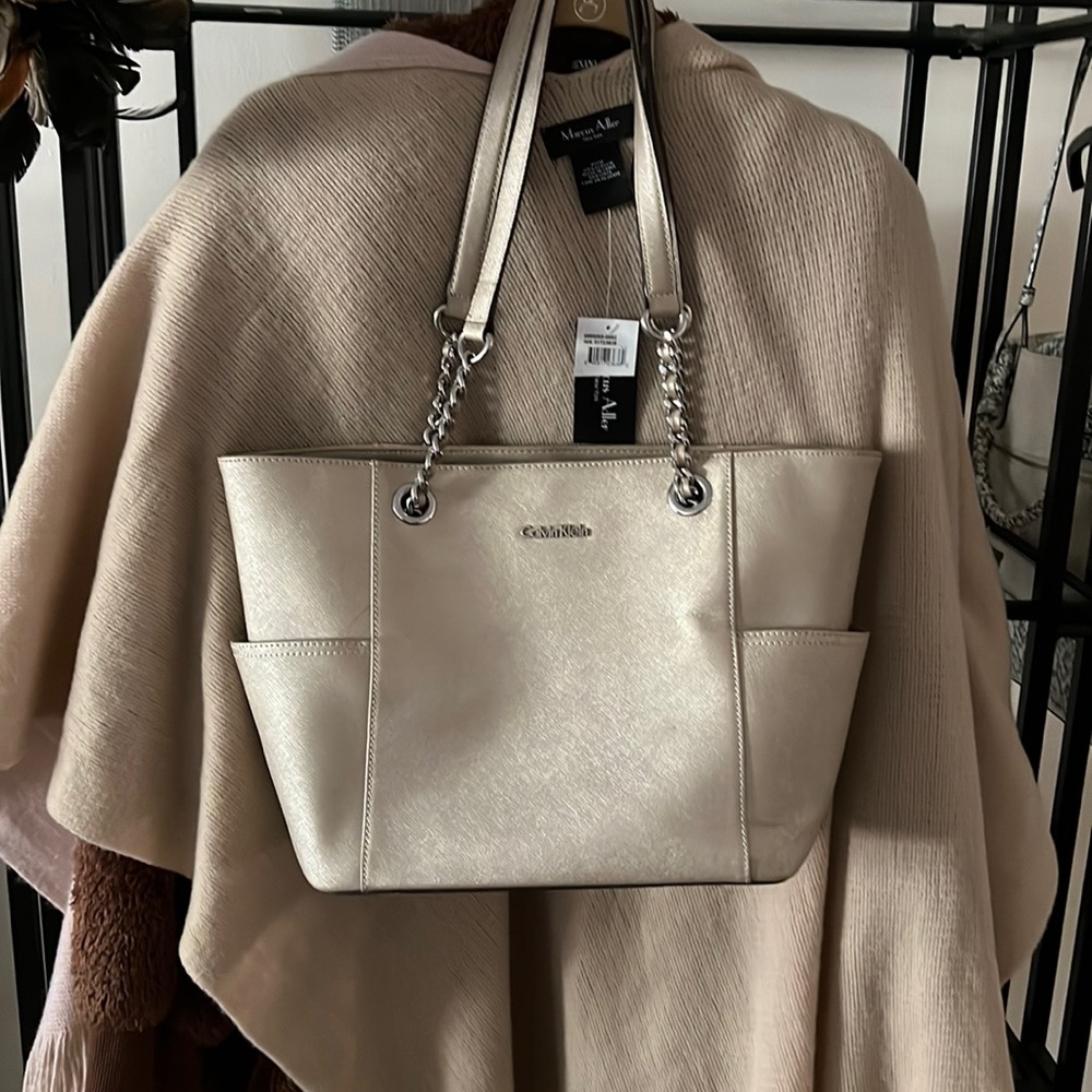 CALVIN KLEIN leather champagne colored chain tote